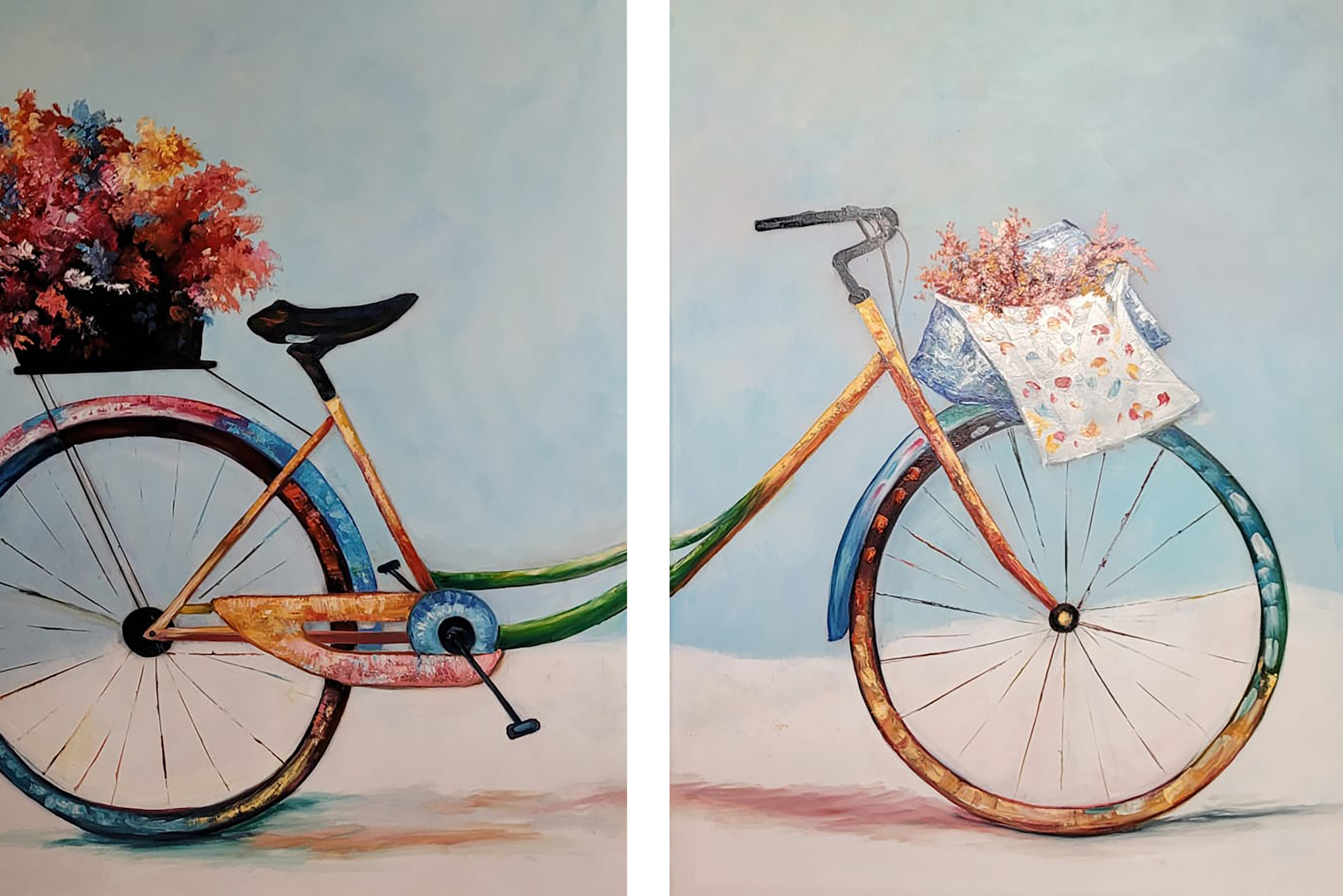 Pareja de Cuadros Pedaleando entre flores